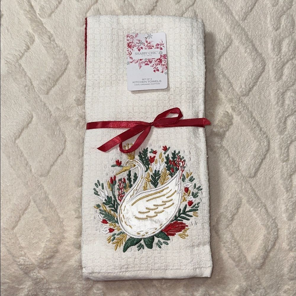Embroidered Swan Queen White Red Christmas Holiday Tea Kitchen Towels set of 3